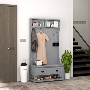 Sapphtopaz Modern 3-in-1 Hall Tree with Coat Rack & Shoe Rack, Pad Seat Entryway Bench with 2 Storage Drawers & 4 Hooks for Entryway, Hallway - 1 of 4