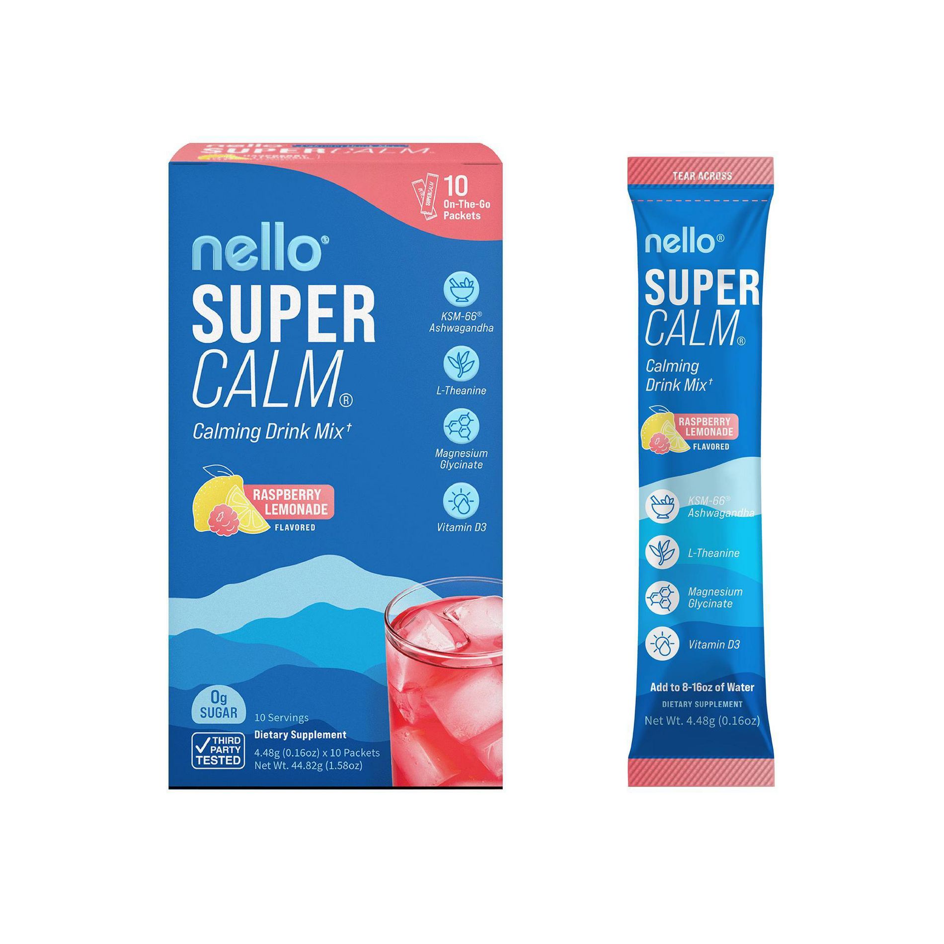 Nello Supercalm Calming Drink Mix Supplement Powder - Raspberry Lemonade - 10ct
