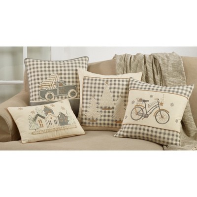 Gray and White Embroidered Christmas Bicycle Pillow, 18" Square
