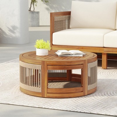 ORRD 27.95" Acacia Wood Outdoor Coffee Table - Handwoven Rope Boho Patio Table