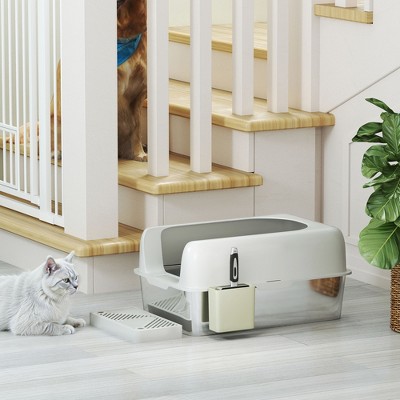 XL Gray Stainless Steel High-Sided Cat Litter Box with Scoop Holder