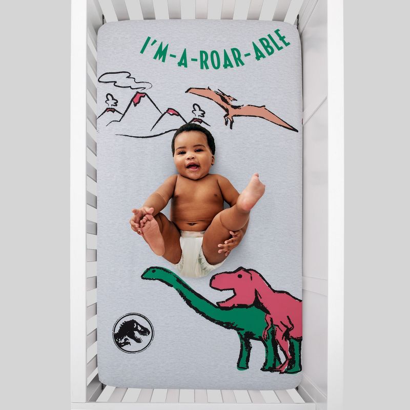 Welcome to the Universe Baby Jurassic World Grey, Green, Orange and Yellow Dinosaur I'M-A-ROAR-ABLE Photo-Op Nursery Fitted Crib Sheet, 3 of 5