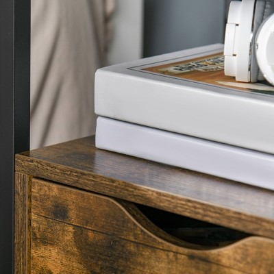 Rustic Brown Wood and Black Steel Side Table with Storage Drawers
