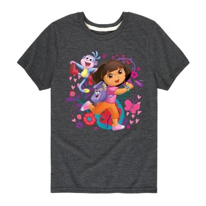 Boys' - Dora the Explorer - Boots Backpack Map With Flowers Short Sleeve Graphic T-Shirt - 1 of 3