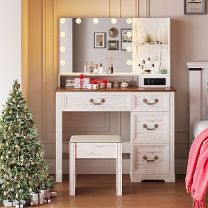 Fredees Vanity Desk: Lighted Mirror, Power Outlet, Rustic Makeup Table, Drawers, Stool, Hollywood Mirror with 3-Color Lights - 1 of 4