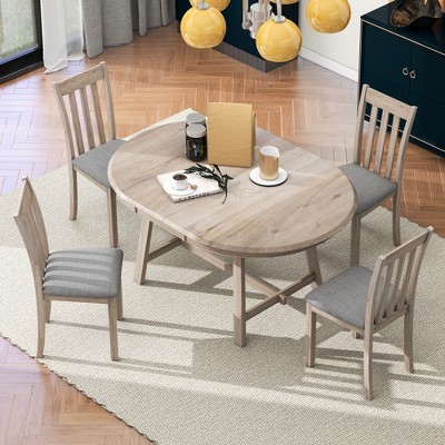 Whisen 5-Piece Wood Dining Table Set Round Extendable Dining Table with 4 Dining Chairs