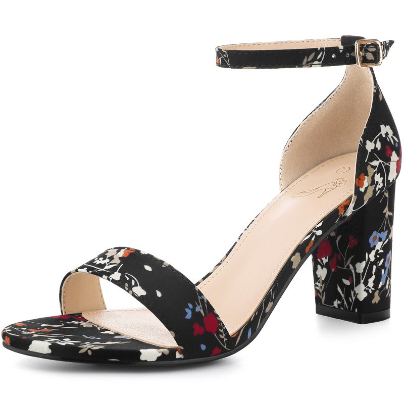 Perphy Women's Floral Printed Open Toe Ankle Strap Chunky Heels Sandals, 1 of 7
