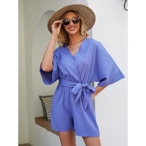 Rompers For Women Summer Casual V Neck Short Belted Wrap Flared Half Sleeve Waist Tie Romper Target