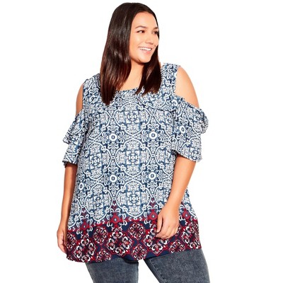 Avenue Women's Plus Size Cold Shoulder Frill Top