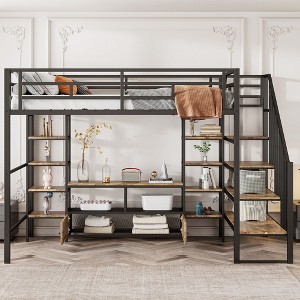 CAVINAS Twin Size Loft Bed Modern Wooden Bed Frame with Desk, 3 Drawers, Blackboard and Guardrail for Bedroom - 1 of 4