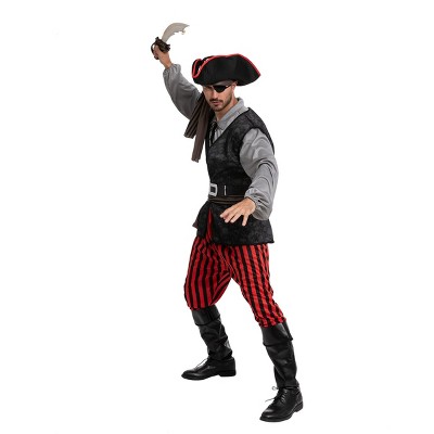 Joyfy Men Pirate Costume, Adult Pirate Shirt Vest Viking Pants Hat Set for Halloween Themed Parties