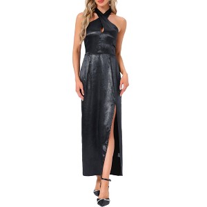 INSPIRE CHIC Women's Backless Split Satin Floral Halter V Neck Party Cocktail Maxi Dress - 1 of 4