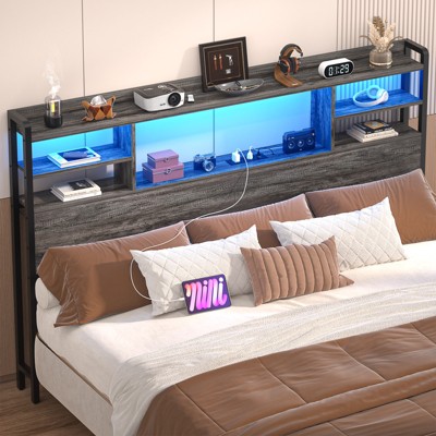 Aheaplus Headboard with Storage shelves and Charging Station, Wood Headboard with LED Light
