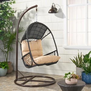 GDFStudio Emmie Outdoor Wicker Hanging Chair with Iron Stand and Water Resistant Cushion - 1 of 4
