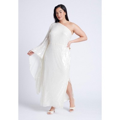 ELOQUII Women's Plus Size One Shoulder Dramatic Sleeve Dress