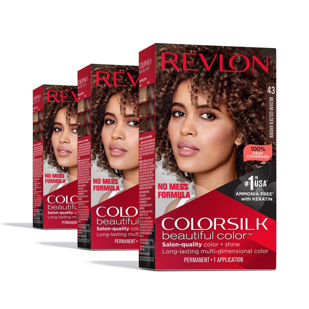 Photos - Hair Dye Revlon ColorSilk Beautiful Color 100 Gray Coverage Ammonia-Free Permanent Hair Color - 043 Medium Golden Brown - 13.2 fl oz/ 