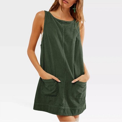 Women's Corduroy Overall Dress Round Neck A Line Jumper Open U Back Mini Dress with Pockets Front Seam Style Outfits