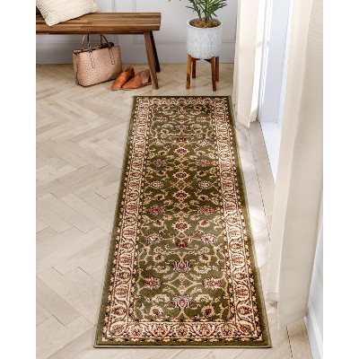 Green Floral Sarouk Runner Rug with Jute Backing