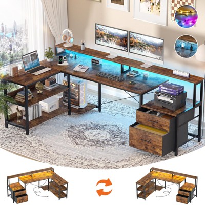 Aheaplus L-Shaped Computer Desk with Drawers and Monitor Shelf, Gaming Desks with LED Strip
