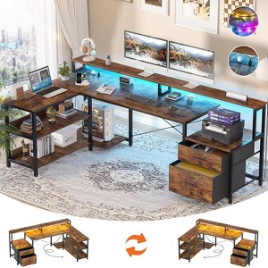 Aheaplus L-Shaped Computer Desk with Drawers and Monitor Shelf, Gaming Desks with LED Strip - 1 of 4