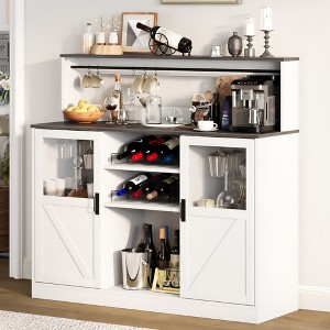 Vividwood Farmhouse Bar Cabinet with Acrylic Doors – Coffee & Wine Storage with Open Shelves & Cup Hooks – Rustic Kitchen Hutch Sideboard Grey - 1 of 4