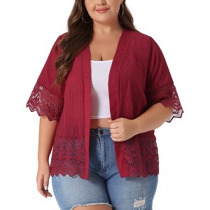 Agnes Orinda Women's Plus Size Hollow Lace Panel Texture Printed Boho Casual Summer Cardigans - 1 of 4