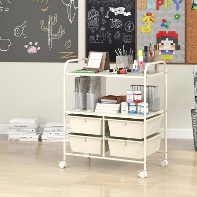 White Metal Rolling Storage Cart with 4 Drawers and Shelves