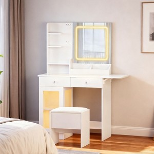 KTMBDW Small Makeup Vanity Desk with Mirror and Lights, Vanity Table Set with Storage Drawer, Chair and USB, Bedroom, White - 1 of 4