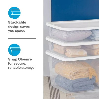 Clear Plastic Under Bed Storage Box with White Lid, 41 Quart