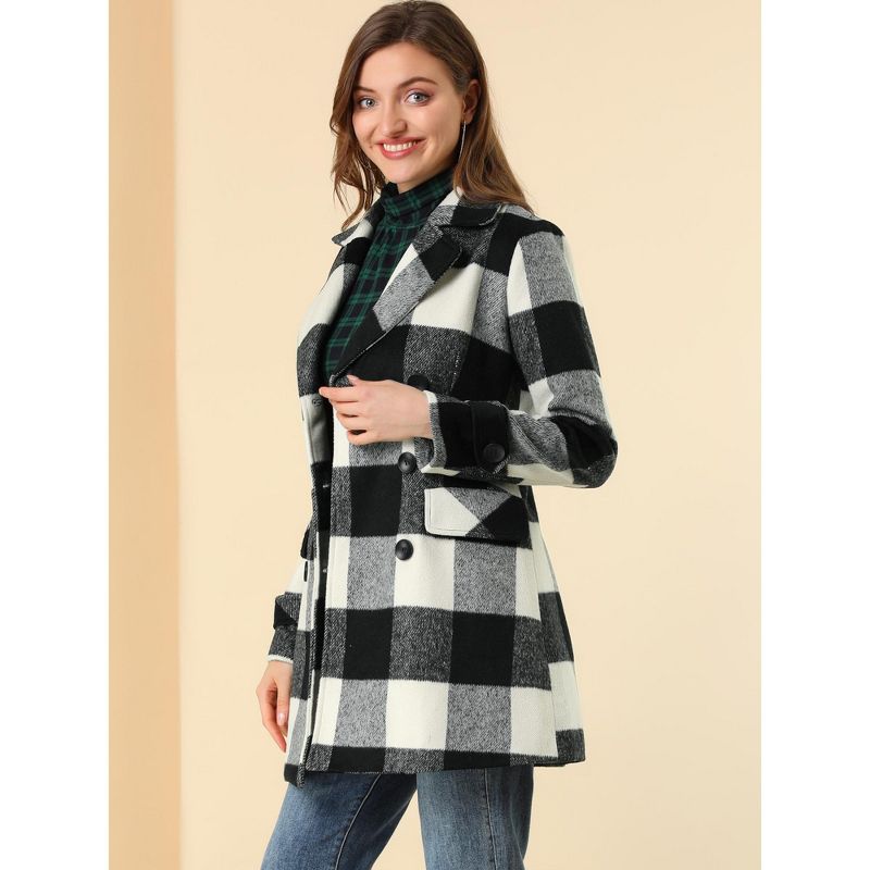 Allegra K Women's Notched Lapel Double Breasted Winter Plaids Overcoat, 3 of 8