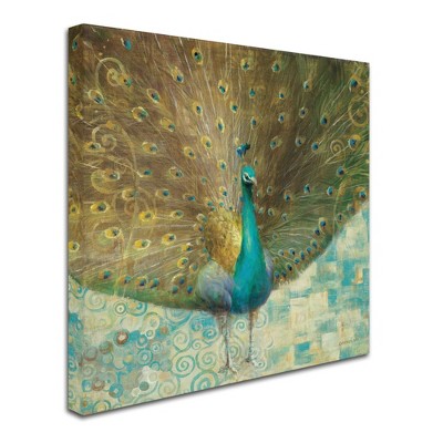Trademark Fine Art - Danhui Nai 'Teal Peacock on Gold' Wood Slat Art