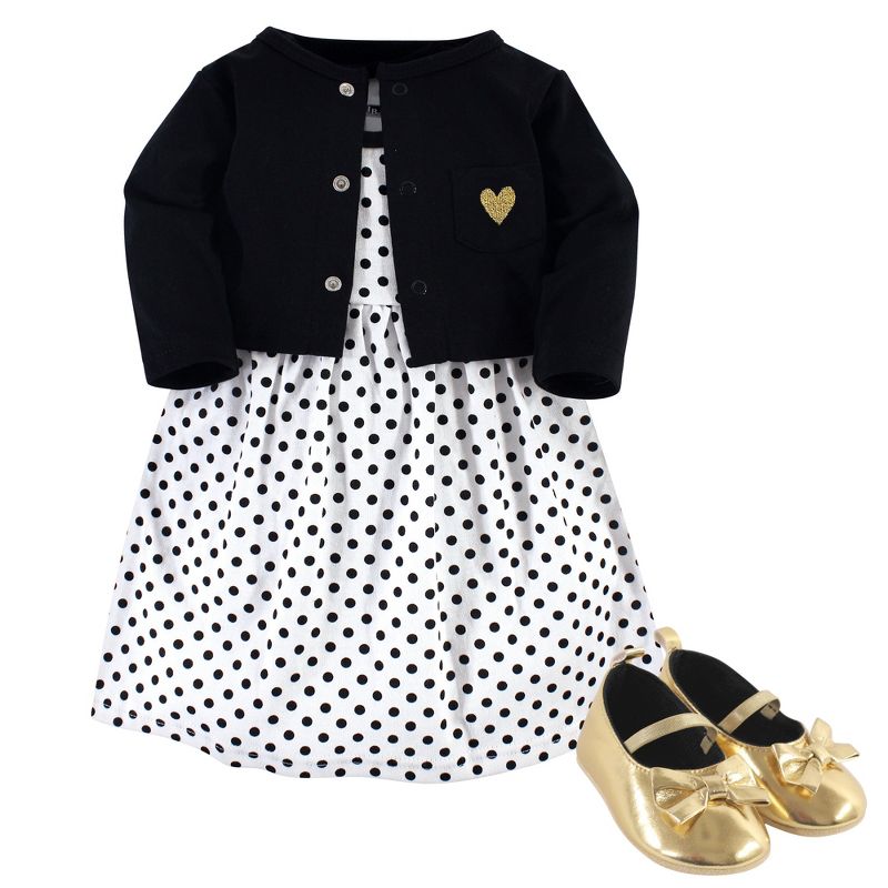 Hudson Baby Infant Girl Cotton Dress, Cardigan and Shoe 3pc Set, Black Dot, 1 of 7