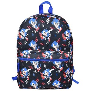 Mochila escolar de 16 pulgadas para niños de Sonic the Hedgehog con estampado completo en negro, bolsillo frontal pequeño y bolsillos laterales de malla