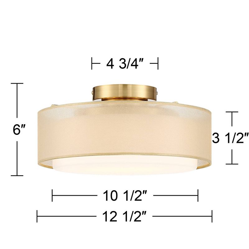 Possini Euro Design Ceiling Light Semi Flush Mount Fixture 12 1/2" Wide Plated Gold 2-Light Sheer Fabric Outer Opal White Glass Drum Shade for Bedroom, 4 of 8