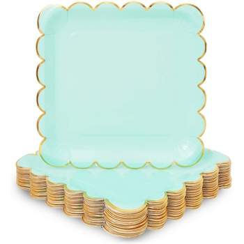 Sparkle and Bash 48 Pack Mint Green Square Disposable Paper Plates, Gold Foil Scalloped Edge 9 In