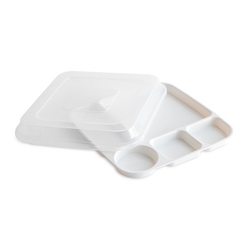 White Round Plastic Divided Serving Tray With Lids, 5 Individual