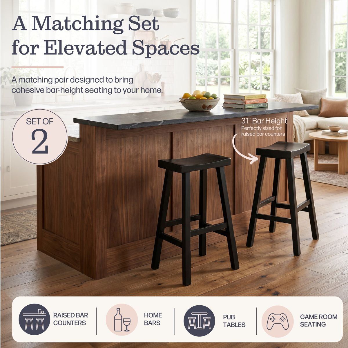Alaterre Furniture Hayes Bar Stools Set of 2 - 31-Inch Tall Counter Height Bar Stools with Backless Saddle Seat and Footrests - thumbnail 6