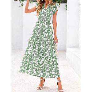 Women's Summer Floral Midi Dress Cap Sleeve V Neck Ruffle Long Flowy Boho Casual Beach Vacation Dresses - 1 of 4