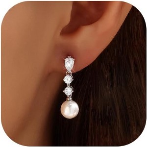 Pearl Earrings,14k Gold Plated Trendy Diamond Pearl Drop Earrings Bridal Shower Gifts Wedding jewelry for Women - 1 of 4