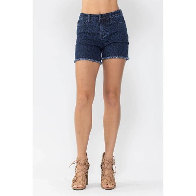 Women's Mid Rise Leopard Print Fray Hem Jean Shorts - Judy Blue