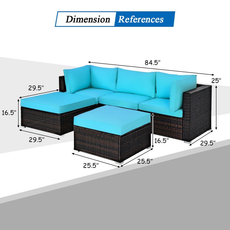 Tangkula 5-Piece Outdoor Patio Sectional Rattan Wicker Conversation Sofa Set with Turquoise/Yellowish Cushions, 2 of 6