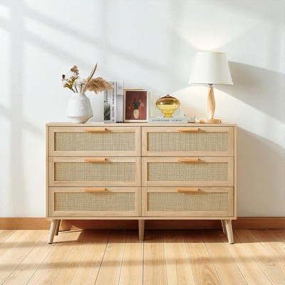 Mshliw Rattan 6 Drawer Double Dresser, Wood Chest of Drawers with Natural Rattan Fronts, Storage Cabinet with Anti-Tip Kit for Bedroom Living Room