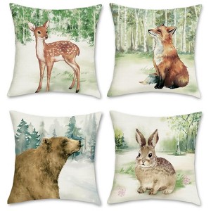 Forest Animals Pillow Covers 18x18 Set of 4 Deer Fox Rabbit Bear - 1 of 4