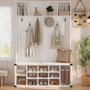 Garvee 5-in-1 Entryway Hall Tree Bench, Hall Tree with Coat Rack & Adjustable Shelf, Shoe Storage & 4 Corner Metal Protectors for Living Room - 1 of 4