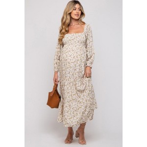 PinkBlush Cream Floral Smocked Long Sleeve Maternity Maxi Dress - 1 of 4