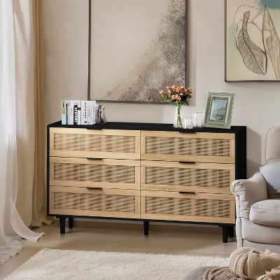 FURNIinspire Dressers Rattan Storage Cabinet Dressers With 6 Drawers, Clothes Cabinet For Bedroom, Living Room, Multicolored, 51.18"*15.75"*29.72"
