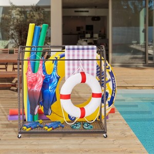 Pool Towel Rack Outdoor with Rattan Base, 5 Bar Freestanding, Lockable Swivel Wheels, Storage Organizer for Floats, Pool Noodles, Swimming - 1 of 4