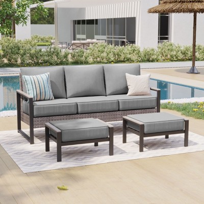 Sonkuki 3 Pieces Sofa with Side Table, All-Weather PE Rattan Wicker Set Patio Conversation Couch with Cushion