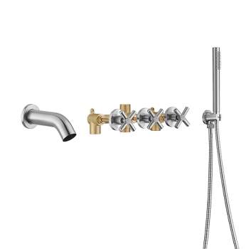 Sumerain 3 Cross Handle Waterfall Wall Mount Tub Faucet with Sprayer, High Flow  Brushed Nickel
