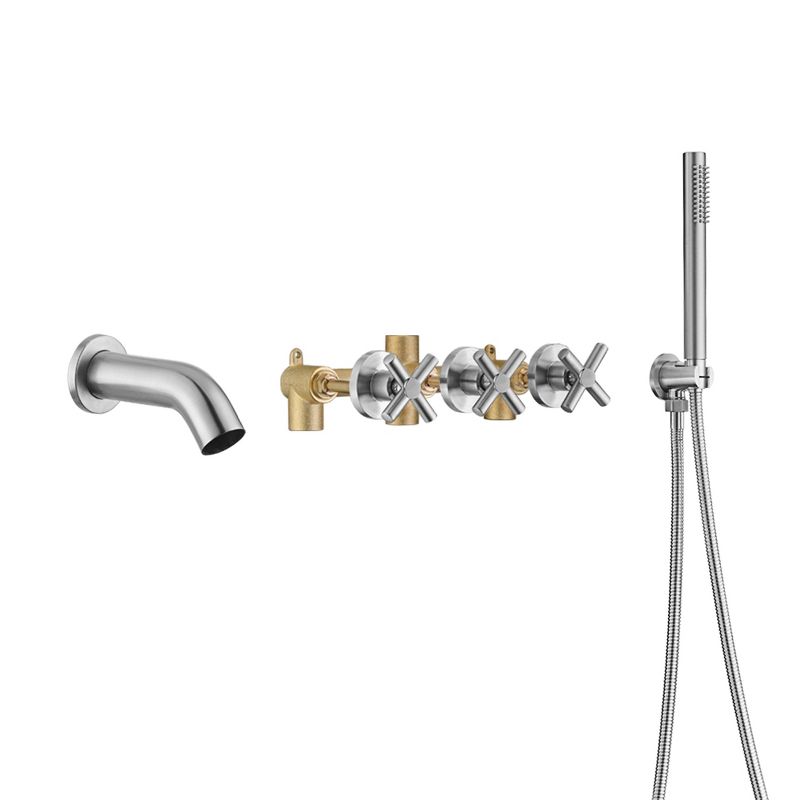 Sumerain 3 Cross Handle Waterfall Wall Mount Tub Faucet with Sprayer, High Flow  Brushed Nickel, 1 of 10